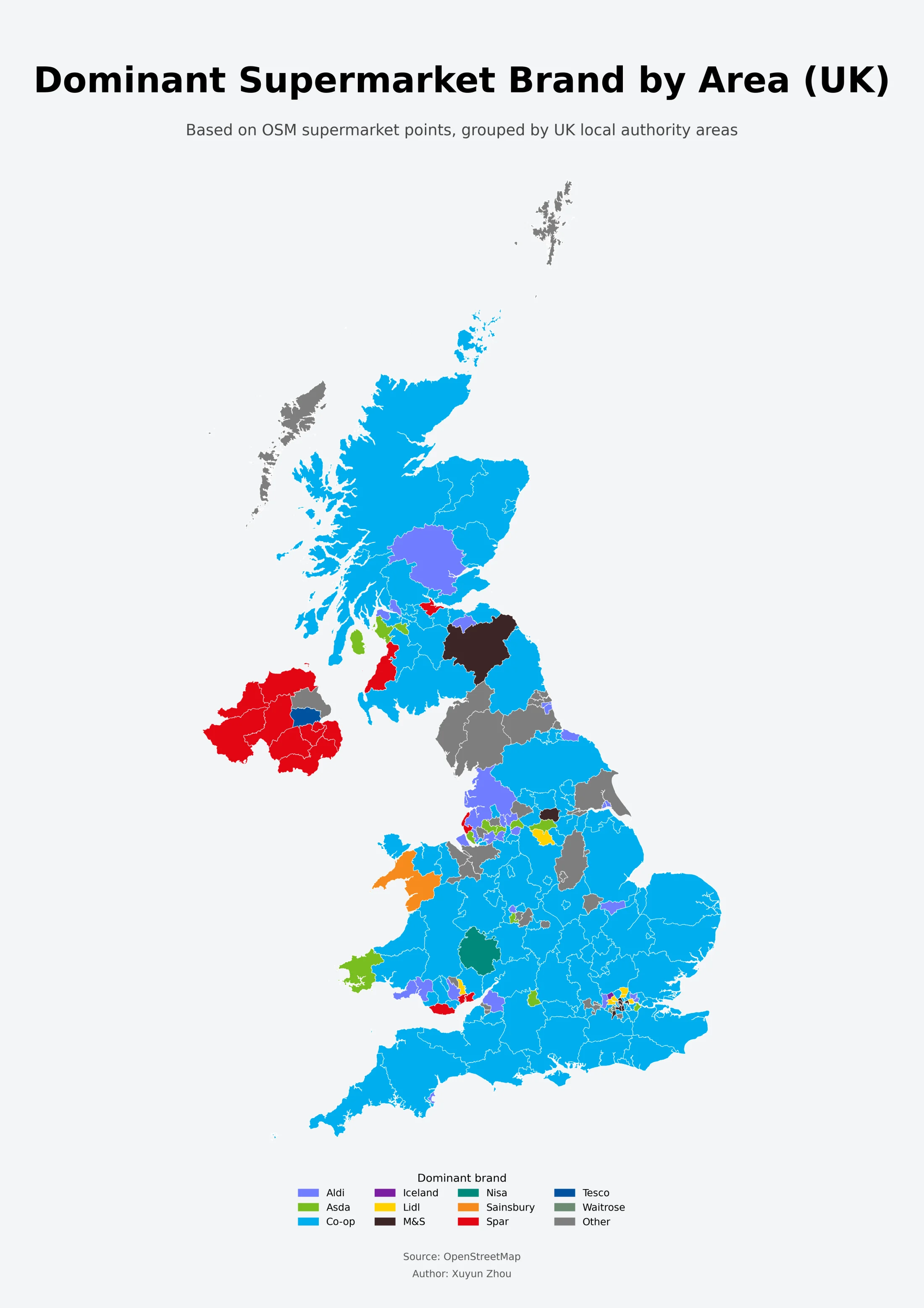 英国各地区主导超市品牌地图